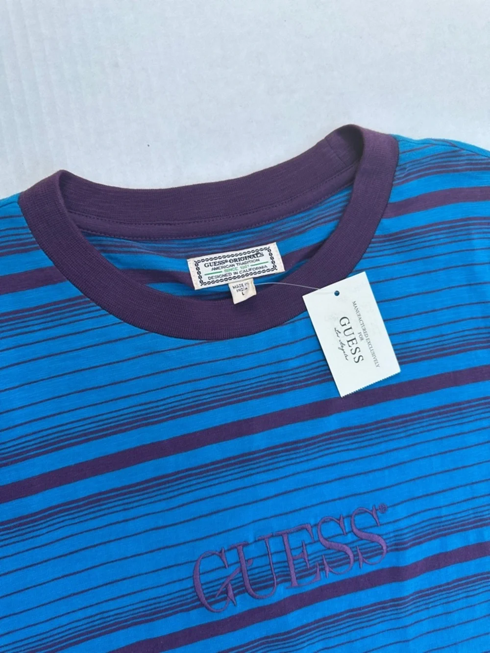 New Guess ORIGINALS Blue Striped Short Sleeve Tee with Purple Trim SZ L - Picture 4 of 6